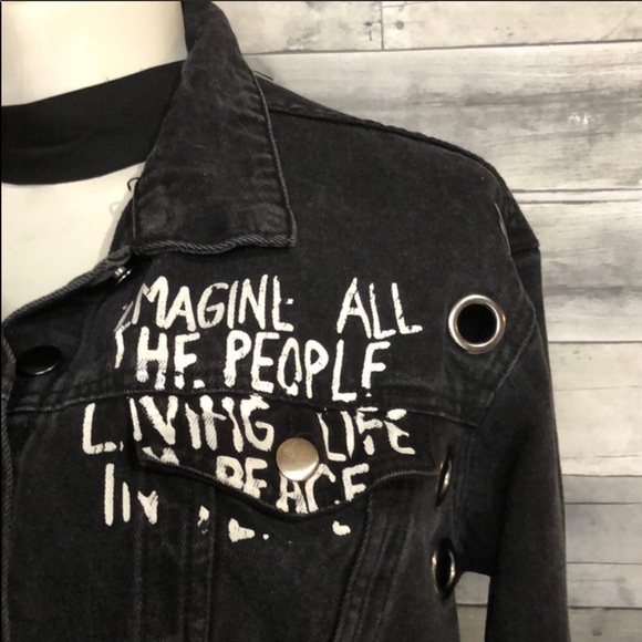 Black Denim Jacket with Peace Sign - Picture 3 of 5